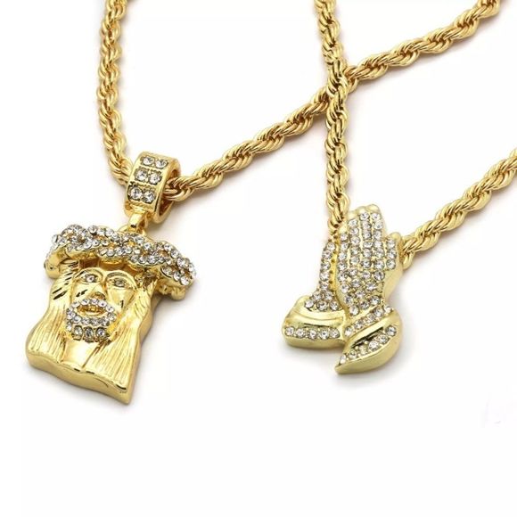 14K Gold Iced Out Praying Hands Jesus Rope Chain